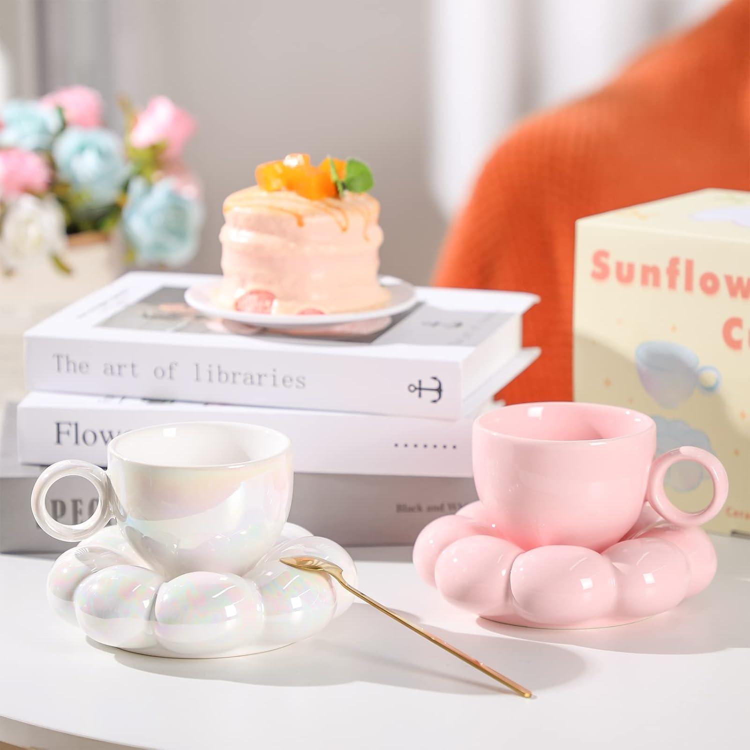 Gerrii Christmas Ceramic Coffee Mug with Sunflower Coaster Coffee Spoons 7 oz Cute Mugs Creative Coffee Milk Tea Mug Home Office Reusable Novelty Coffee Mugs for Kitchen Table Tea Milk (Pink, 1 Set) - Image 6