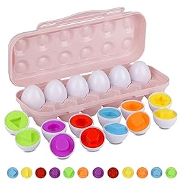 Hhyn Color Shape Matching Eggs for Toddlers, Preschool Learning Educational Sorting Easter Eggs Toys Gift Recognition Skills for Kids Boys Girls with Pink Eggs Holder, 12 Eggs