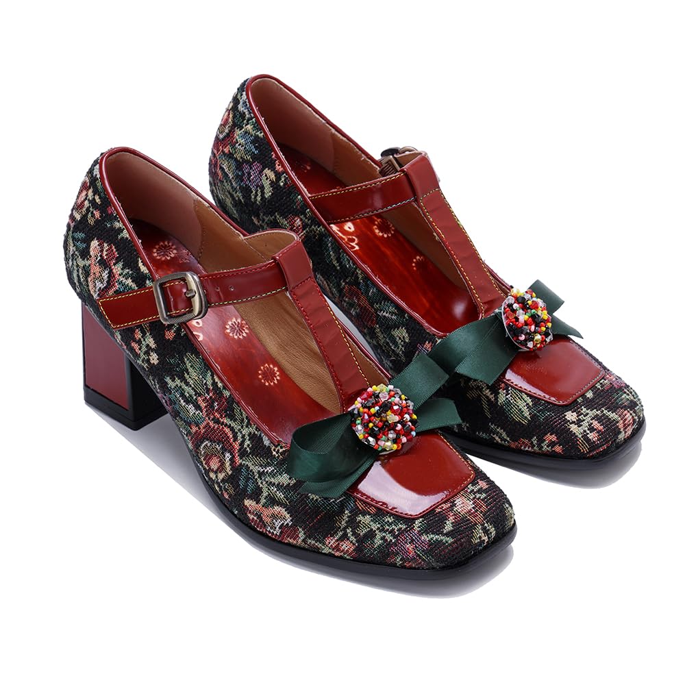 Little KAKA Damen Leder T Strap bunten Mary Jane Schuhe Block Heels Mary Jane Dressing Schuhe