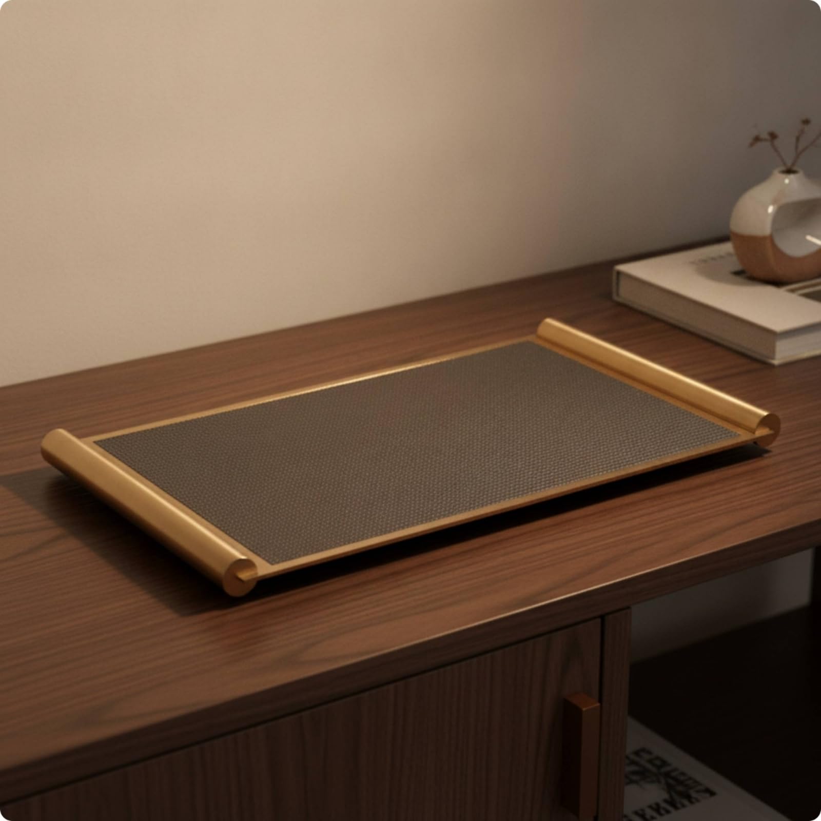 Vassoio in Pelle con Manici in Metallo Moderno Vassoio Rettangolare Metallico per Consolle, Grigio Scuro, Grande