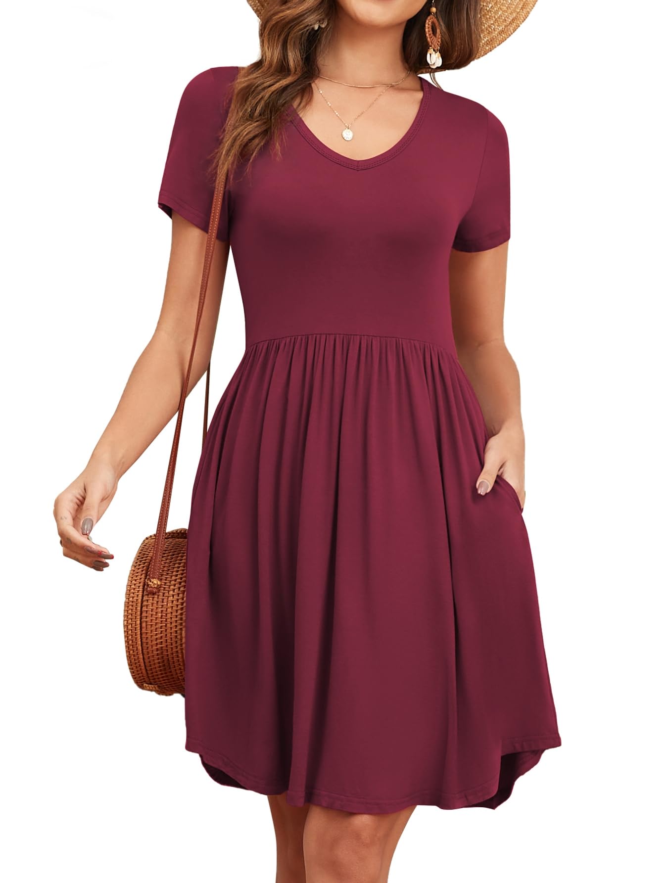 Womens 2026 Summer Short Sleeve Dresses Casual Loose Fit Swing T Shirt Dress V Neck Sundress with Pockets