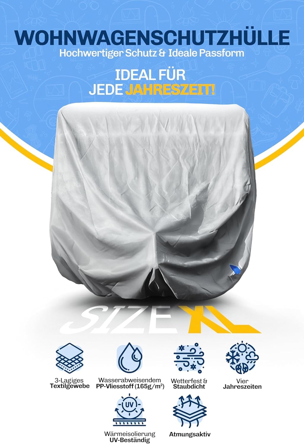 Abdeckplane Wohnwagen XL 670×250×220 cm – Winterfeste Schutzhülle für Wohnwagen & Wohnmobil – Wasserdicht, UV-beständig, mit Hagelschutz – Atmungsaktive Plane inkl. Gurte & Tasche