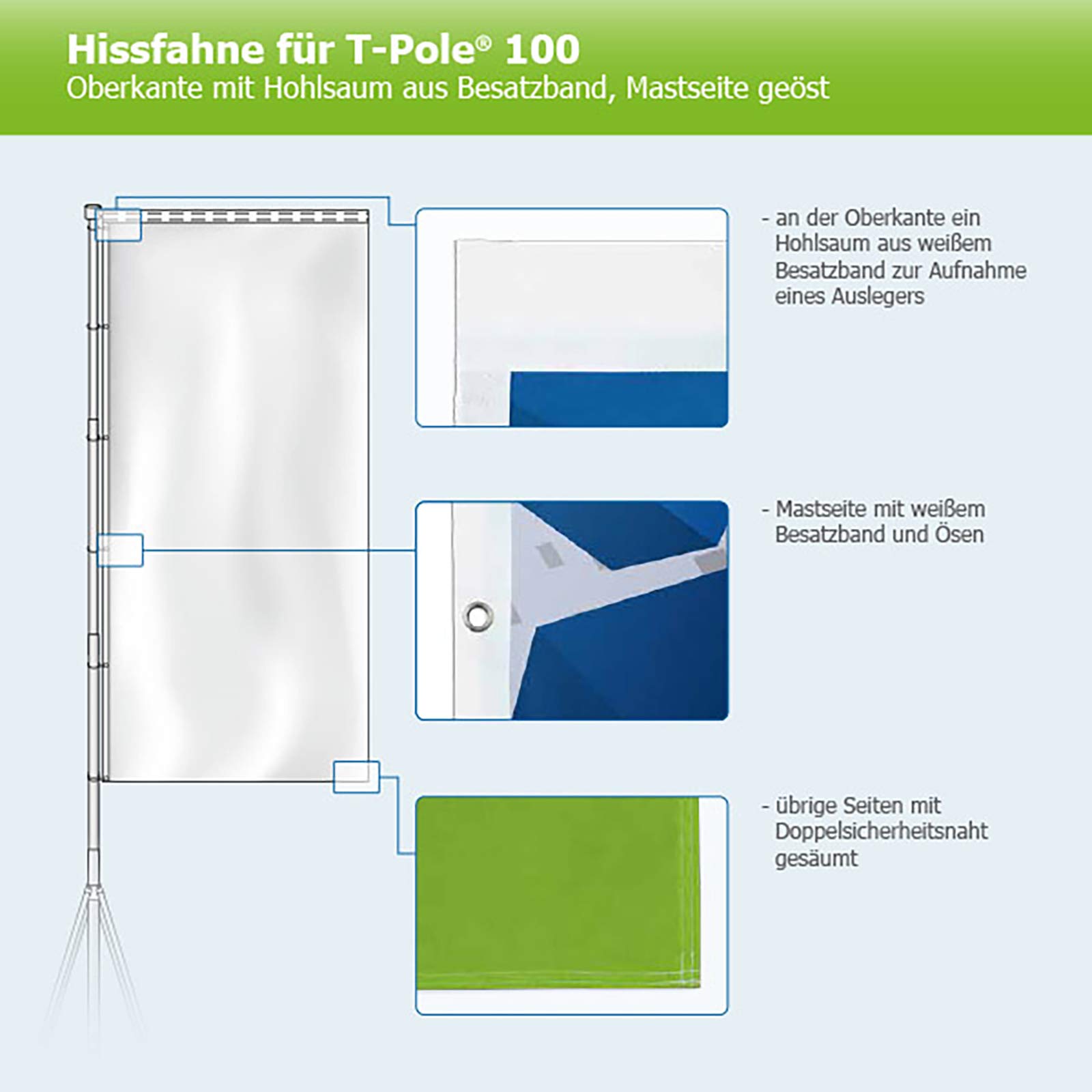 Vispronet Flagge 120x300 cm Bio Restaurant ✓ für mobilen Fahnenmast T-Pole 100 & 200 ✓ Mastseite (Links) mit Ösen