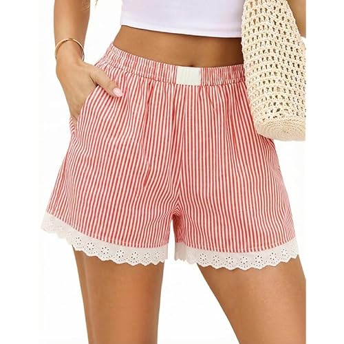 Marvmys Womens Boxer Shorts Cotton Pajama Bottoms Summer Gingham Ruffle/Lace Shorts Casual Y2K Beach Shorts S-2XL Small Lace - Red Stripe