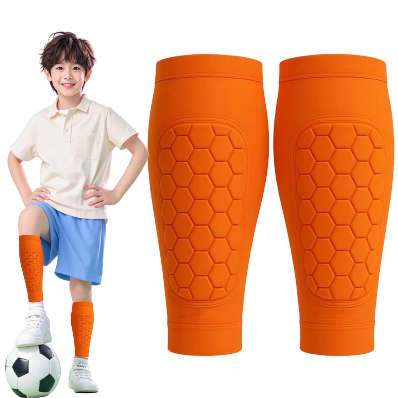 Shin Defender Shin Guards Kids, Built In Shin Guards Soccer Kids with Honeycomb Padding Lightweight Breathable Calf Compression Shin Pads for Boys Girls Training Games (Orange, L(Age 14+))