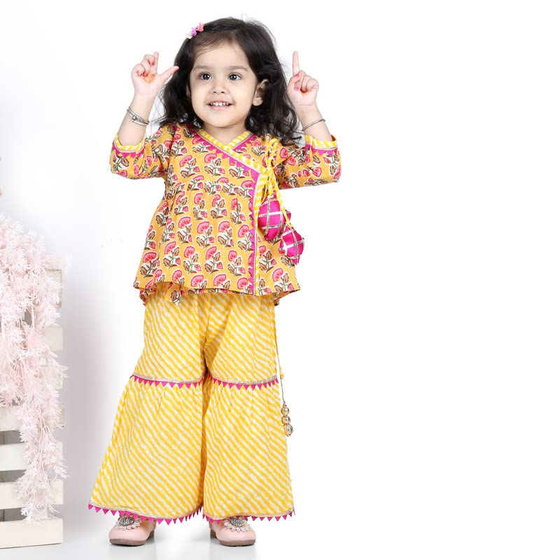 Image of BownBee Girls Cotton Kurti and Sharara Suit Set Round Neck, Angrakha Traditional Ethnic Dress, Front Open Kurta For Girl Kids, Suitable for All Festivals & Casual Wear