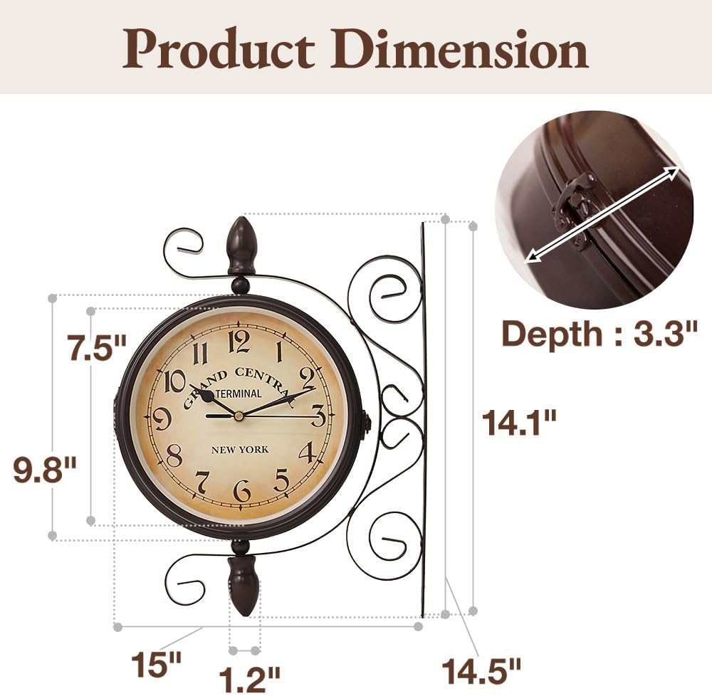 Japard Vintage Wall Clock, Antique Unique Industrial Double Sided Decorative Retro Iron Frame, New York Terminal Wall Mounted Battery Operated Smooth Sweep White