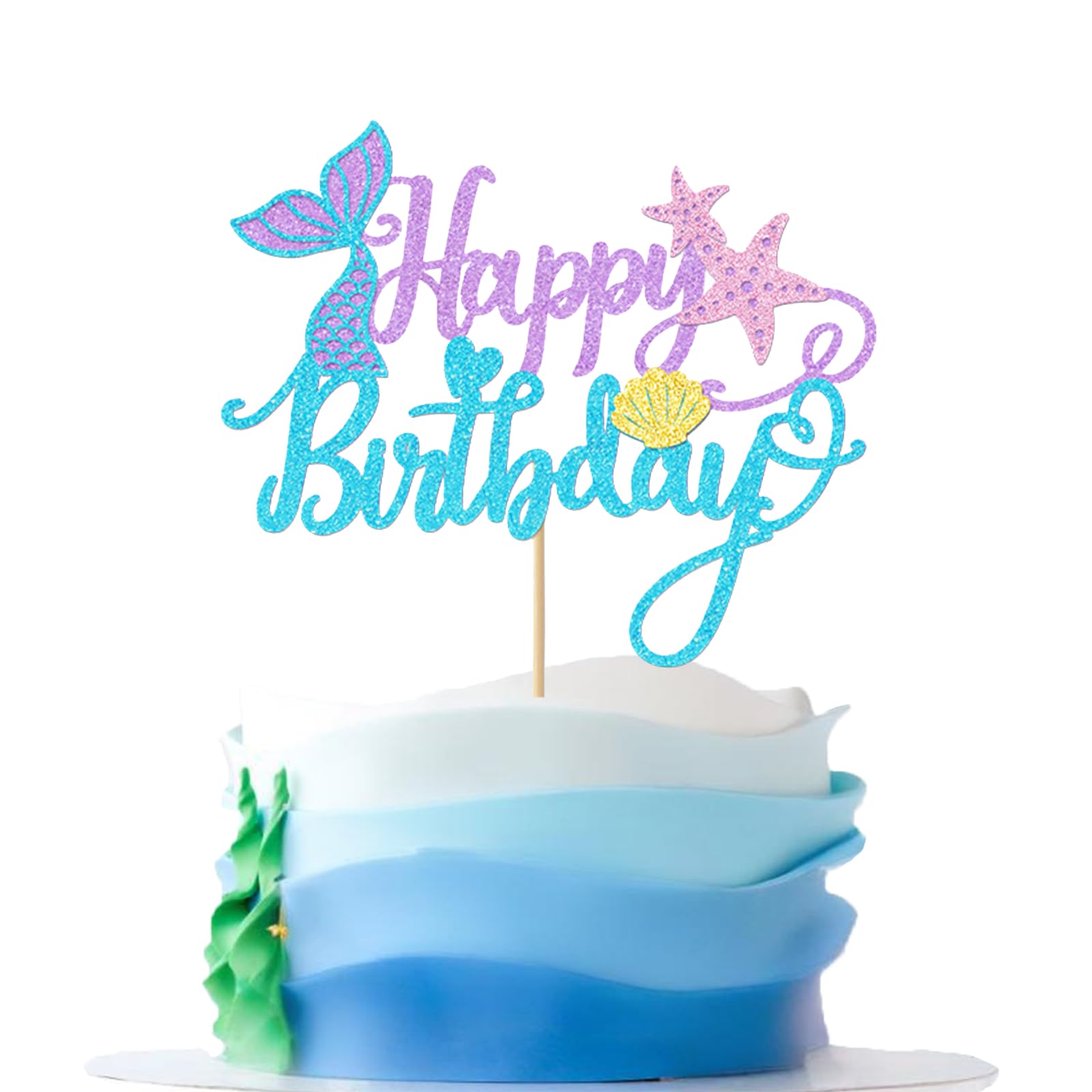 Mermaid Happy Birthday Cake Toppers Ocean Seashells Starfish Glitter Cake Toppers Decorations for Under the Sea Theme Birthday Party Baby Shower Supplies