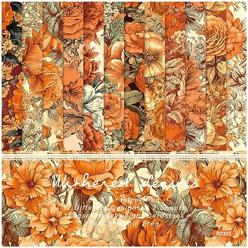 ZAKHSE Motivpapier zum Basteln,24 Blätter Blumenmuster Designpapier Bastelpapier,15,2x15,2cm Einseitig Bedrucktes Dekoratives Bastelpapier,Gemustert Dekopapier für Weihnachten Karten Gestaltung-Orange