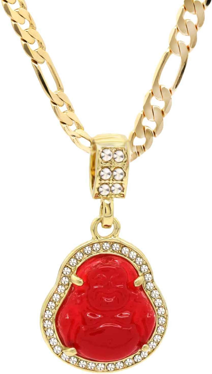 L & L Nation 14K Gold Plated High Fashion Lucky Smiling Buddha Charm Pendant Green Red White Black Blue On Figaro Chain