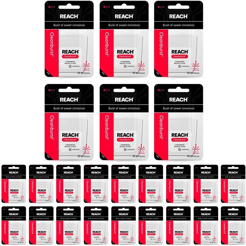 Reach Dentotape Waxed Dental Floss | Effective Plaque Removal, Extra Wide Cleaning Surface | Shred Resistance & Tension, Slides Smoothly & Easily | Cinnamon Flavored, 55 Yards, 24 Pack