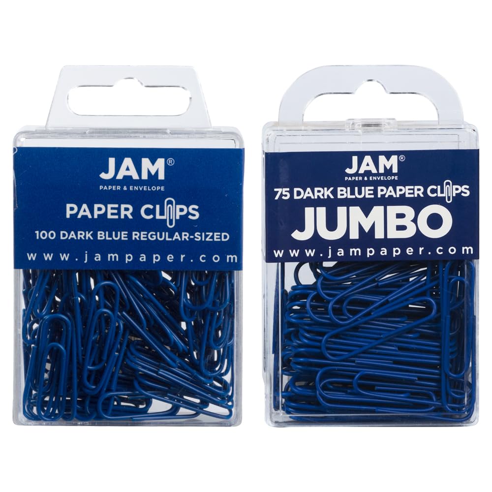 JAM PAPER Combo Pack Colorful Paper Clips - Standard & Jumbo - Dark Blue Paperclips - 1 Pack of 100 & 1 Pack of 75