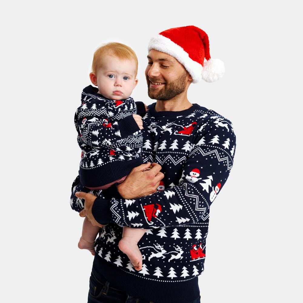 Pull de Noël pour Femme, Homme et Enfant Bleu avec Sapins, Bonhommes de Neige et Père Noël
