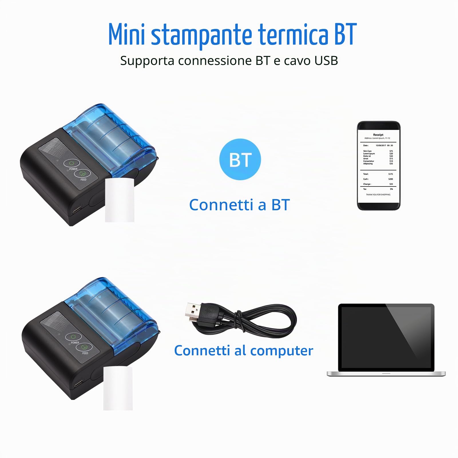 Mini stampante termica portatile,Xgr-Pos581 Stampante per ricevute USB wireless 2 pollici con carta stampa 58 mm compatibile con Android