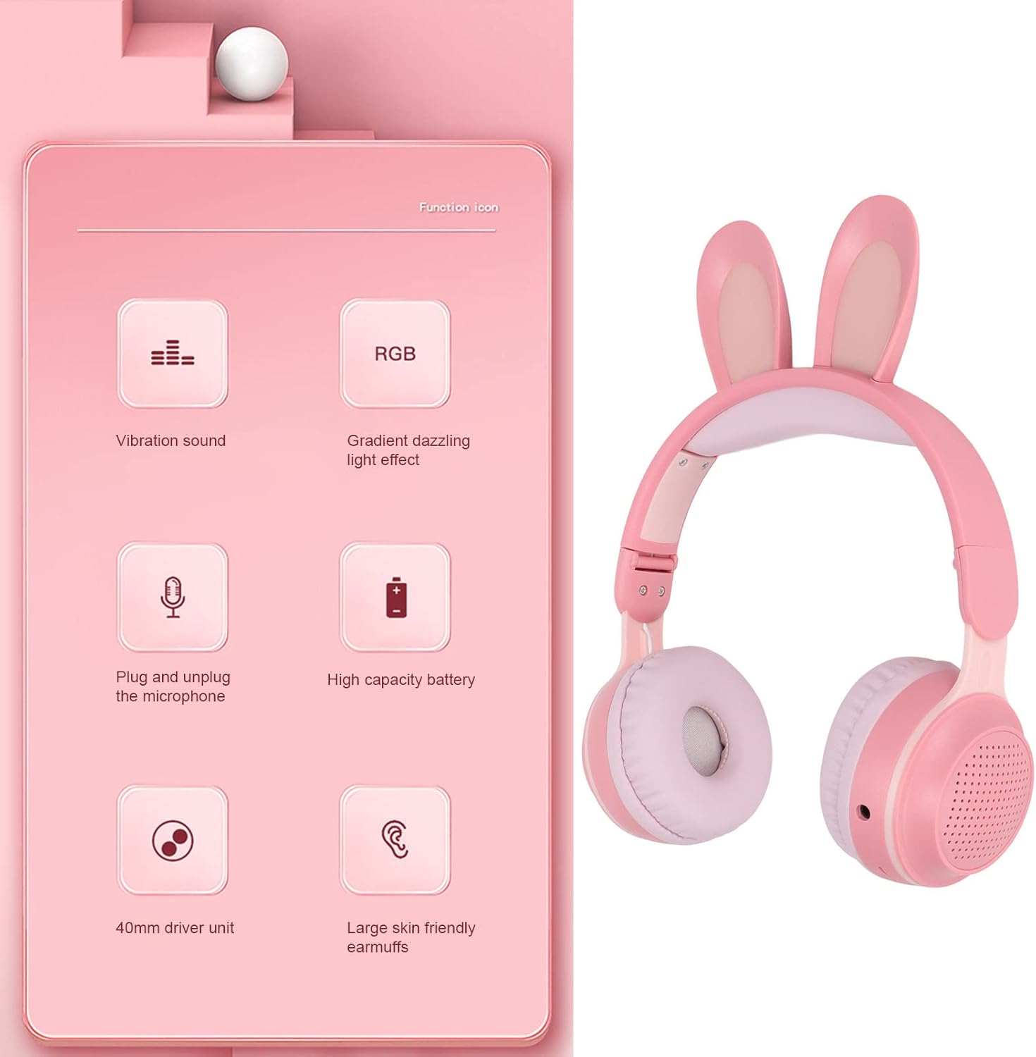 Foldable Bluetooth 5.0 Headphones with Microphone Cute Rabbit Ear Over Ear Headphones for Teens Adults, 12 Hours of Listening Time, TF/Aux, Built in 7