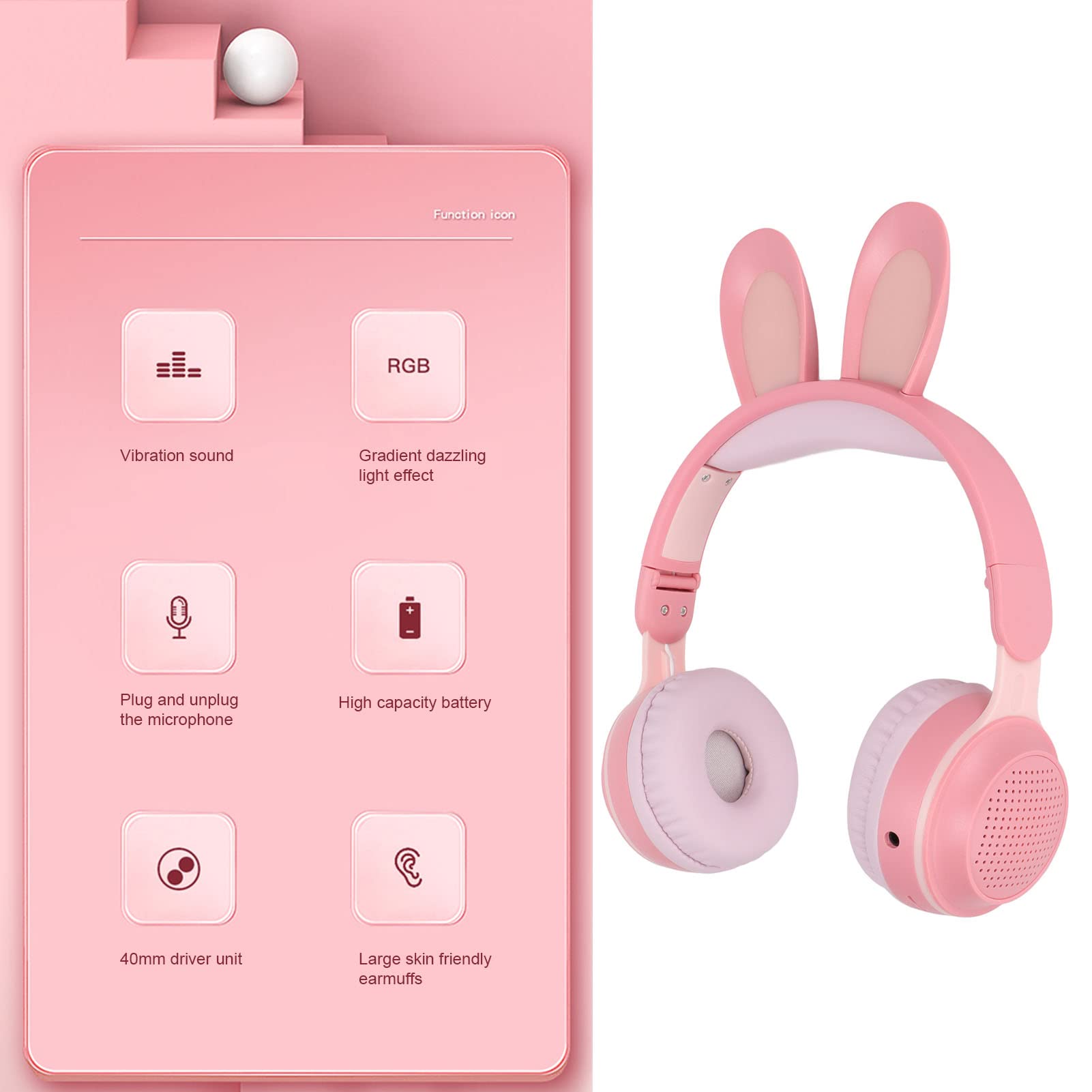 Cuffie Bluetooth 5.0 Pieghevoli con Microfono Simpatico Orecchio di Coniglio Cuffie Over-Ear Wireless per Bambini Verdi Adolescenti Adulti, 12 Ore di Ascolto, TF/Aux, 7 Modelli Integrati Luce(Rosa)