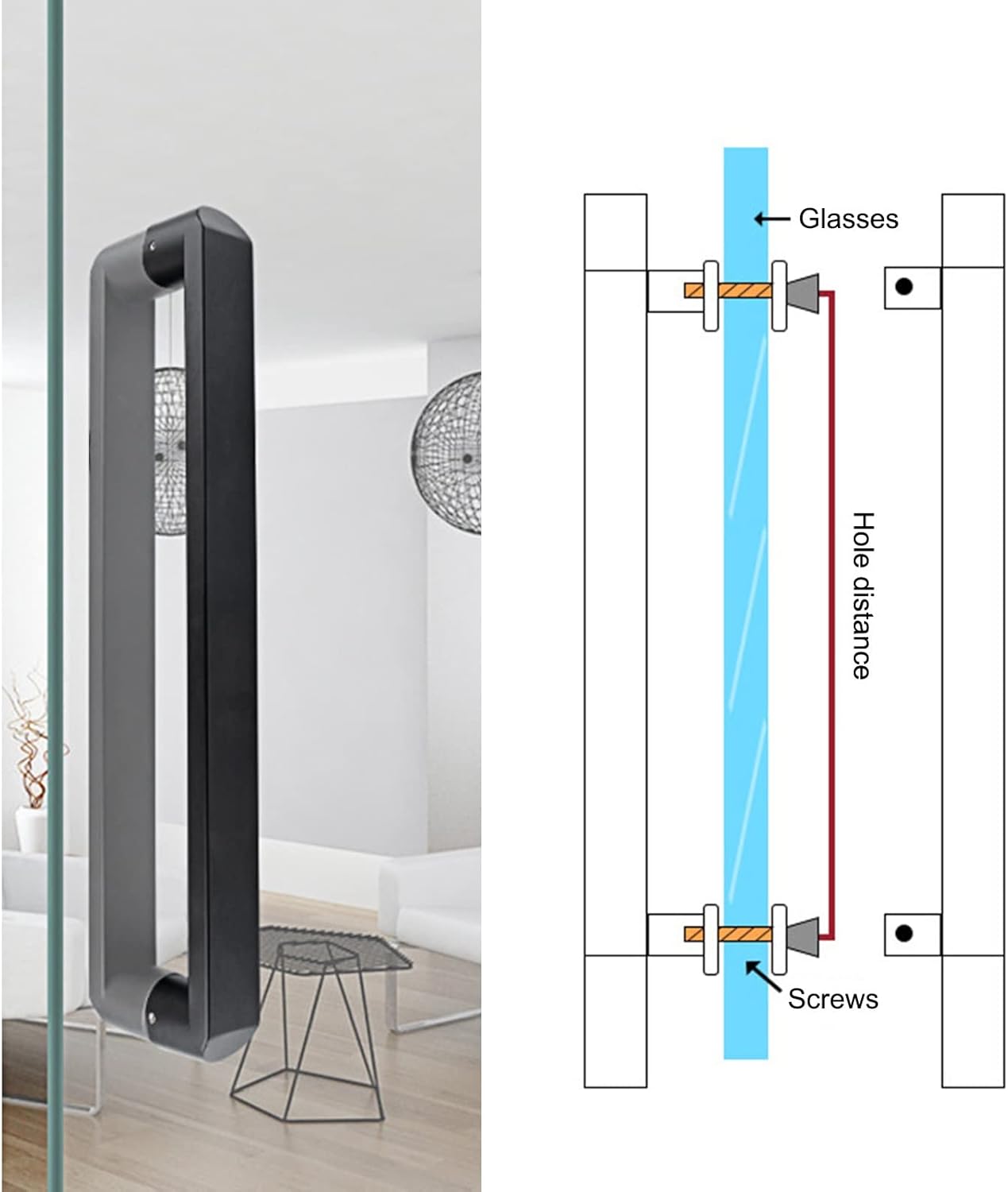 Matte Black Push Pull Door Handles Modern Interior Door Grab with Mounting Screws Shower Glass Door Handle Set with All Installation Fittings (Size: 124cm*120cm)