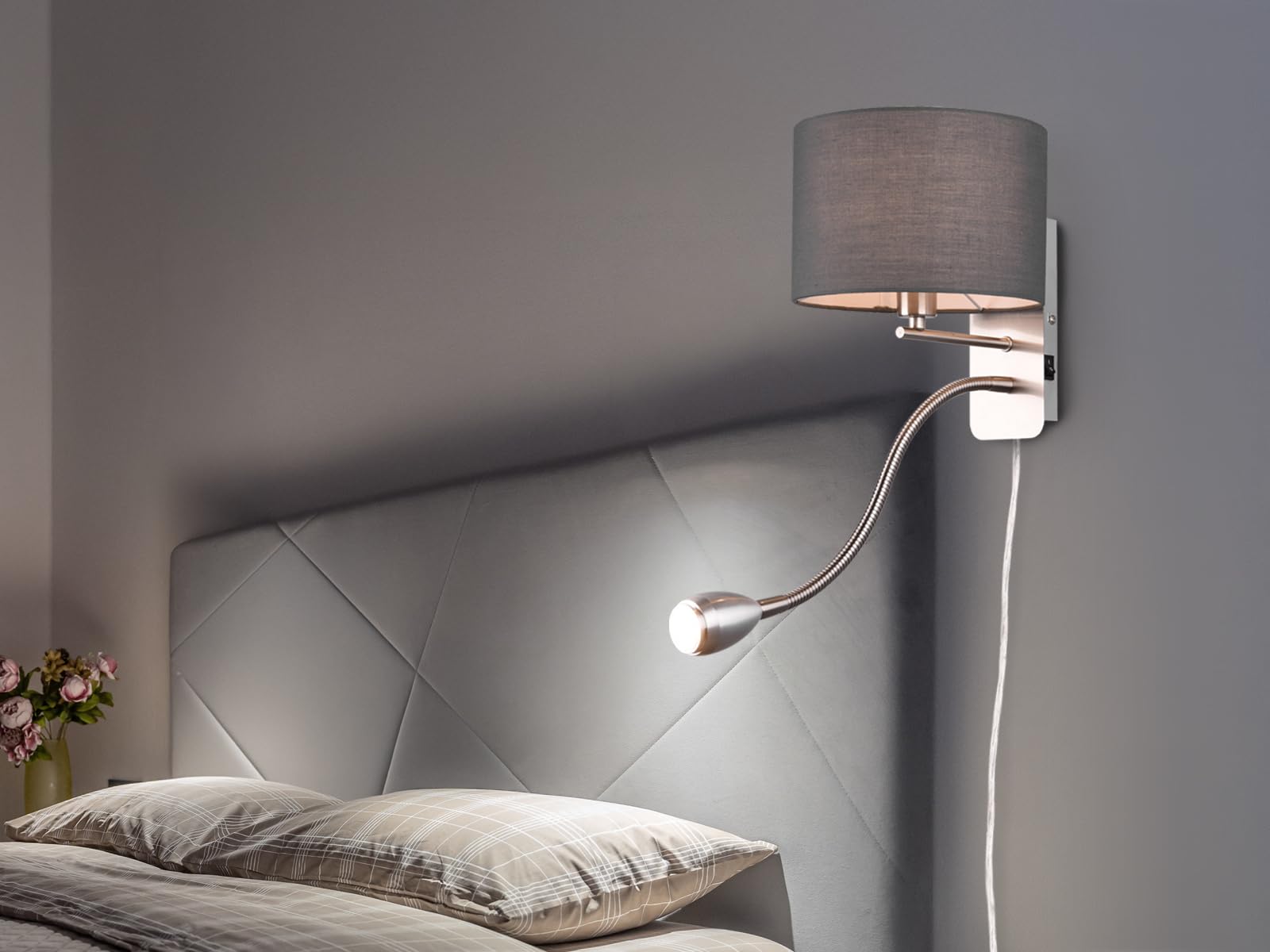 meineWunschleuchte Wandleuchte mit Leselampe, Schalter, Kabel und Stecker, Stoff Lampenschirm Grau, Korpus Metall Silber, Höhe 23,5cm inkl. stufenweise dimmbarem E14 Leuchtmittel