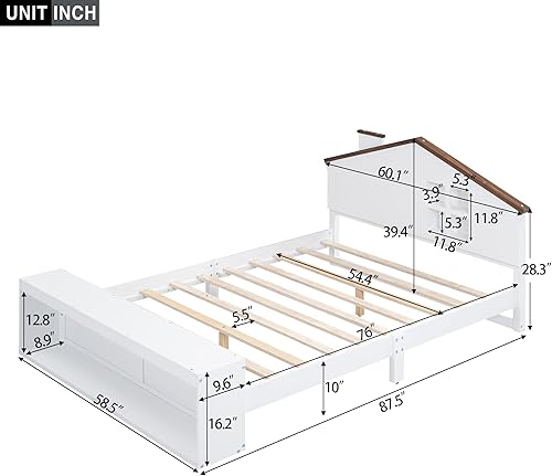 Miniatura 137 de Cama de plataforma de madera de tamaño individual con cabecera en forma de casa, soporte de listones de madera, para dormitorio de niños, niñas,