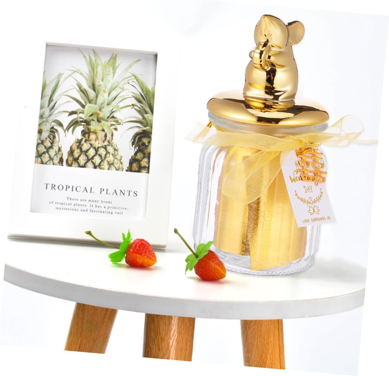 Uonlytech Glass Candy Bottle with Gold Gilded Ceramic Lid, Sealed Glass Snacks Jar for Wedding and Holiday Party Favors, Animal Design Candy Storage Jar