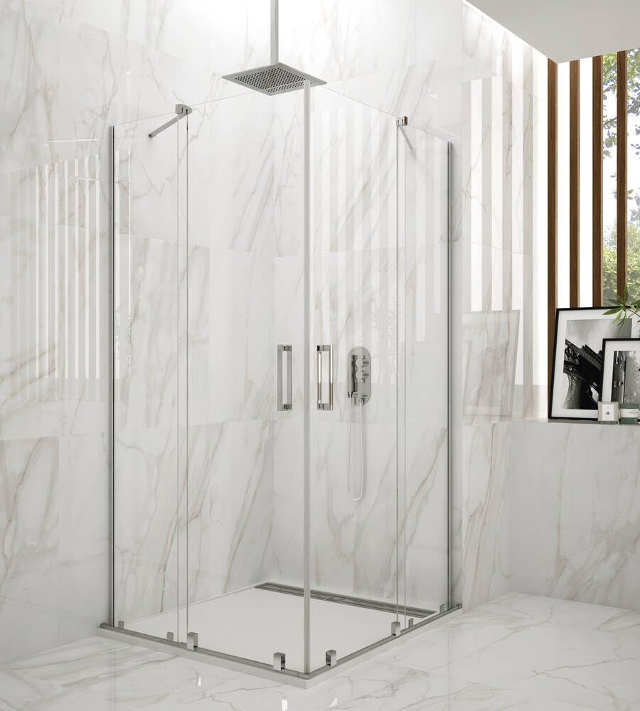 GME - Mampara Ducha Cromada Dos Puertas 2 Fijas + 2 Correderas 95X75cm | Mampara de Cristal Reversible, Perfilería con Ancho Adaptable y 195cm de Altura | Vidrio con Grosor 6mm y Cierre Magnético