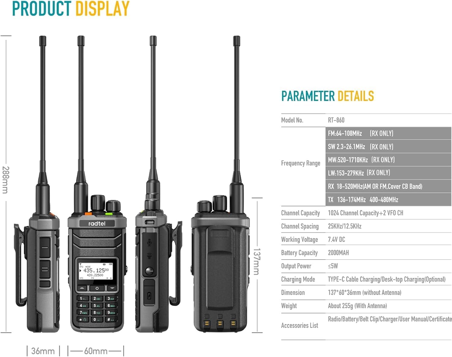 Radtel RT-860G GPS Handheld Ham Radio, UHF VHF Dual Band Two-Way Radio with Long Range Coverage, 1024 Channels, Type-C Charging, 2000mAh Battery,SSB Reception (with Programming Cable)