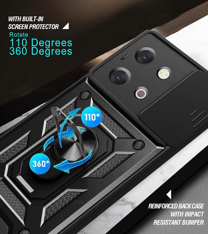 Image of SkyTree Vivo Y58 5G /Y38 Robotic Sliding Camera Window Shock Proof Thunder Case, Dual Layer Hybrid Shockproof Back Cover with Kickstand - Black