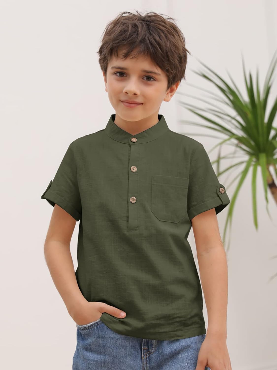 Boys Short Sleeve Henley Shirt Button Up Linen Cotton Dress Shirts Tees Tops with One Pocket - Image 3