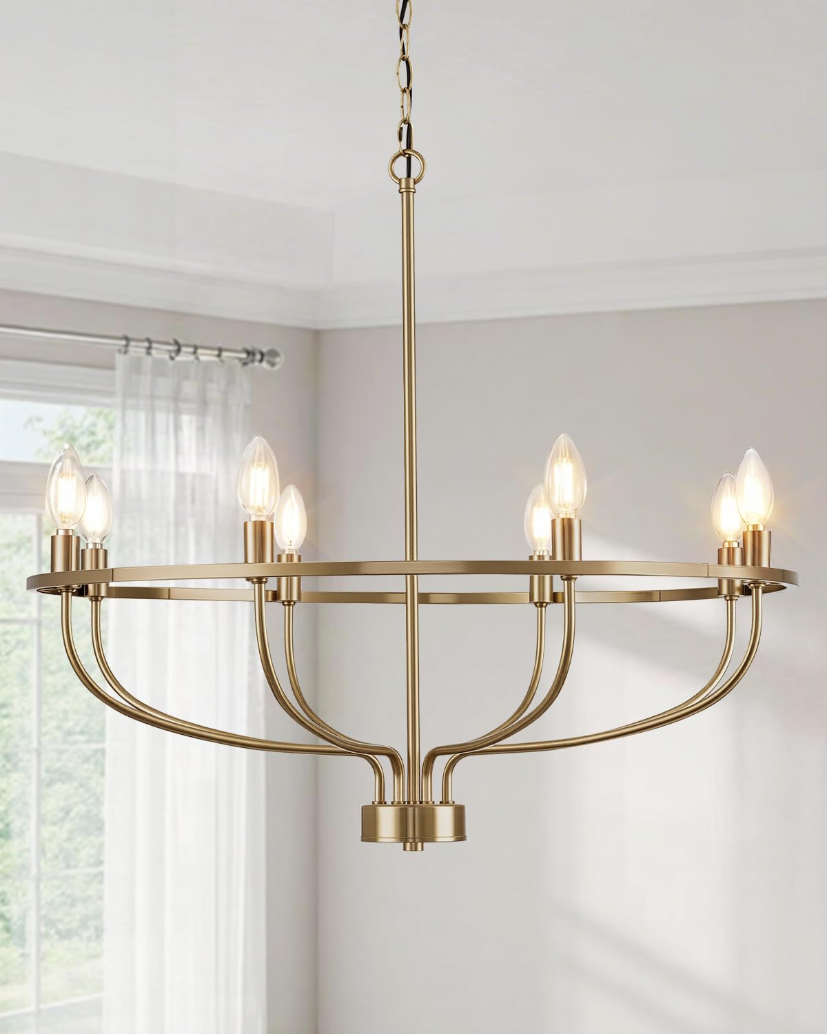 yunnix 8 light champagne bronze chandelier for dining room, 30" wagon wheel light fixture, ul listed entire fixture, champagne gold modern farmhouse chandelier for master bedroom, kitchen, entryway