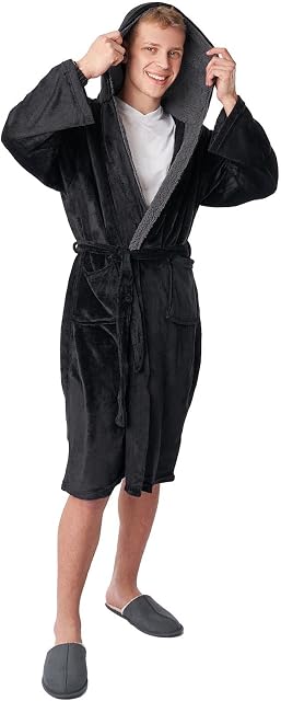 Sienna Long Dressing Gown with Hood for Men Fluffy Sherpa Lined Luxury Super Soft Flannel Fleece Comfy Hoodie Cosy Bathrobe - Black