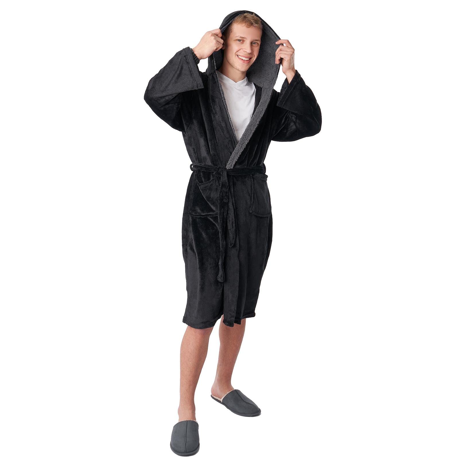 Sienna Men's Black Ohs Dressing Gowns, Gifts For Wo Super Soft Warm Flannel Fleece Hooded Bathrobe With Pockets Fluffy Sherpa Lined Luxury Oversized Dressing Gown Wo, One Size