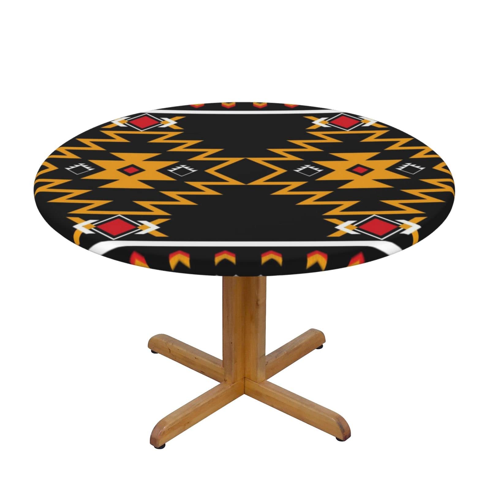 Lsjuee Round Fitted Tablecloth 45-50in Elastic Edged Table Cloth for Kitchen Dining Party Home Decor - Abstract Geometric Orange Black