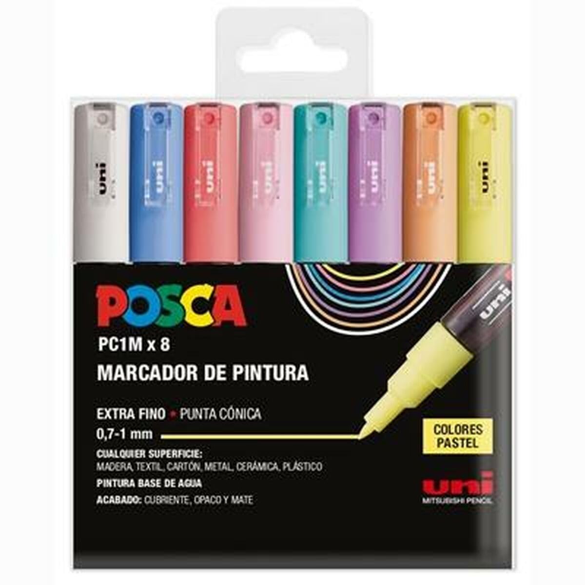 UNI Posca Estuche de 8 Rotuladores PC1M de Color Pastel de Punta Cónica Extra Fino