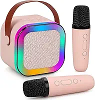 Kit Karaokê Portátil com 2 Microfones Bluetooth LED RGB Recarregável USB para Festas e Viagens (Rosa)