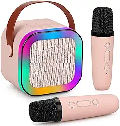 Kit Karaokê Portátil com 2 Microfones Bluetooth LED RGB Recarregável USB para Festas e Viagens (Rosa)