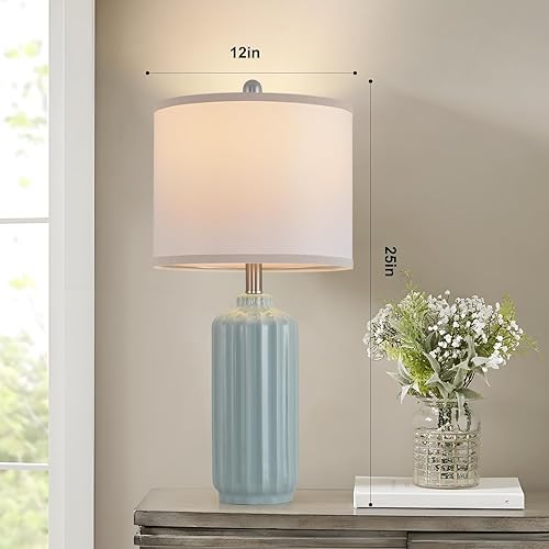 Miniatura 7 de Lámpara para sala de estar, dormitorio, lámparas de mesa de granja, juego de 2 lámparas de mesa de cerámica con rayas verticales, pantalla de lino