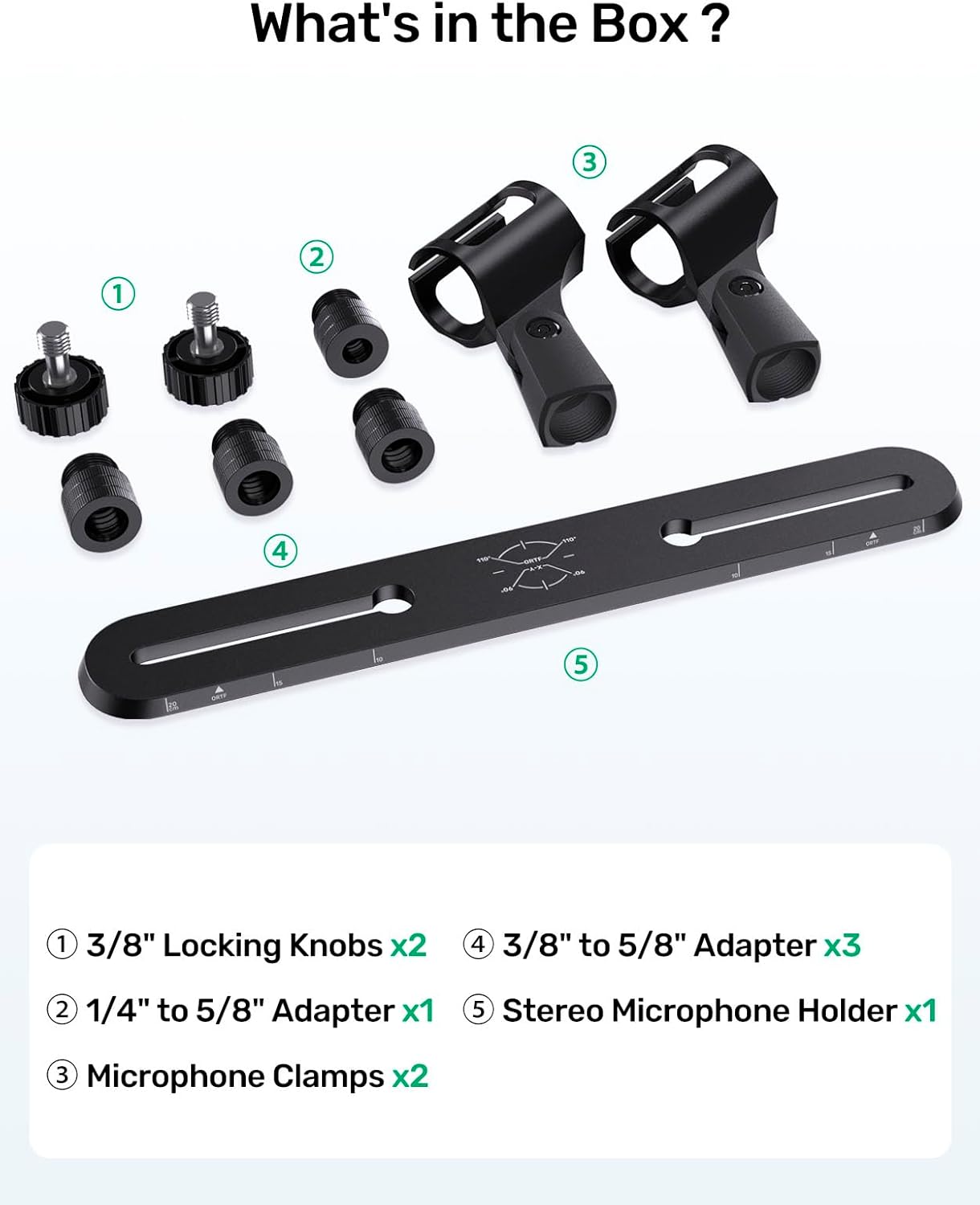 Stereo Array Spacing Microphone Bar Holder, Dual Mic Stand, Heavy-Duty Aluminum with Ruled Markings, Holds 2 Mics - X-Y and ORTF Mic T-Bar Bracket, Fits 3/8" 1/4" and 5/8" Mic Stands