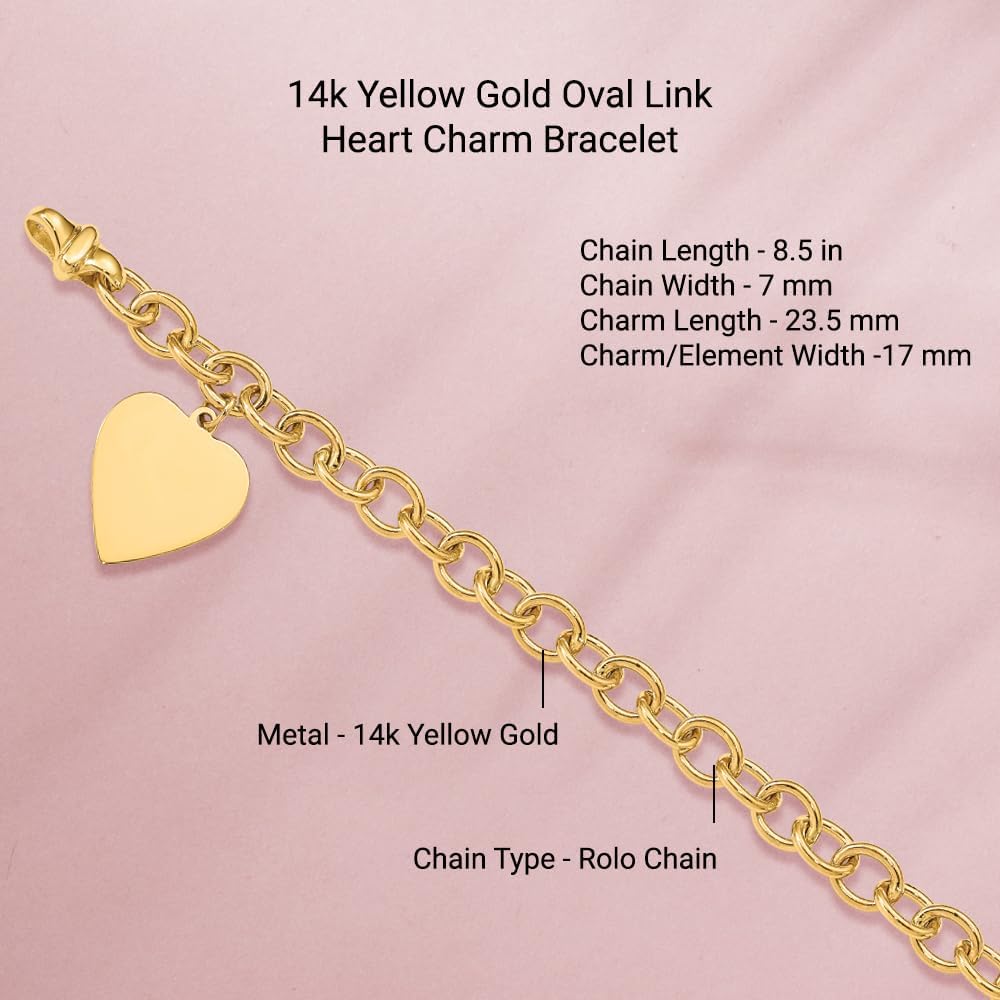 Diamond2Deal 14k Yellow Gold Oval Link Heart Charm Bracelet 8.5"