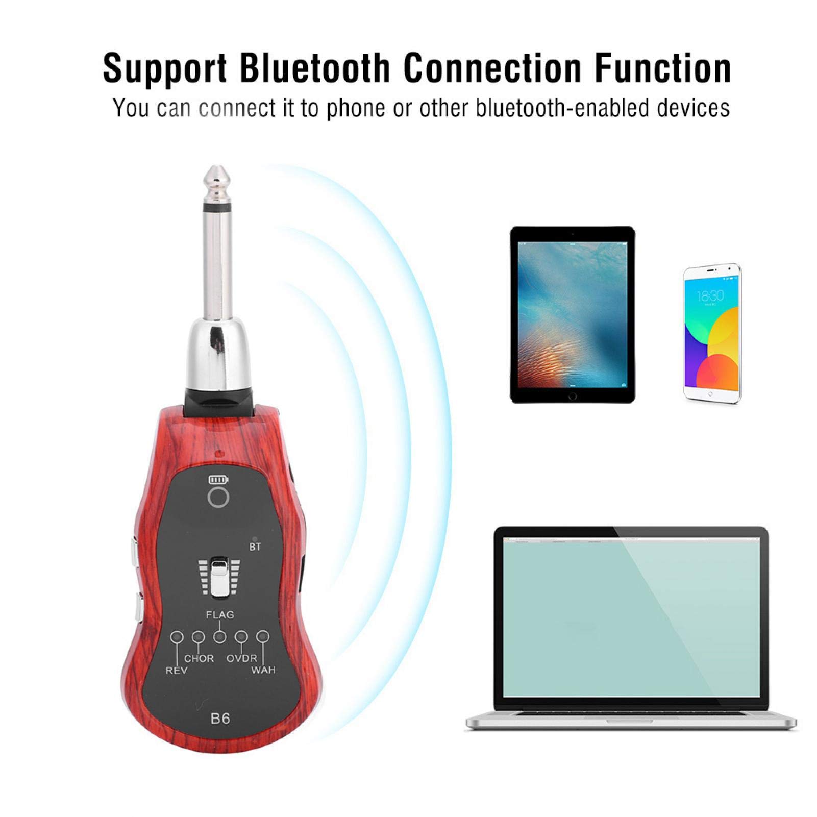 Bluetooth-Gitarreneffektor, tragbarer Gitarreneffektor, USB-Aufladung ABS Kunststoff Rote Holzfarbe für Bluetooth-Geräte Musikinstrument