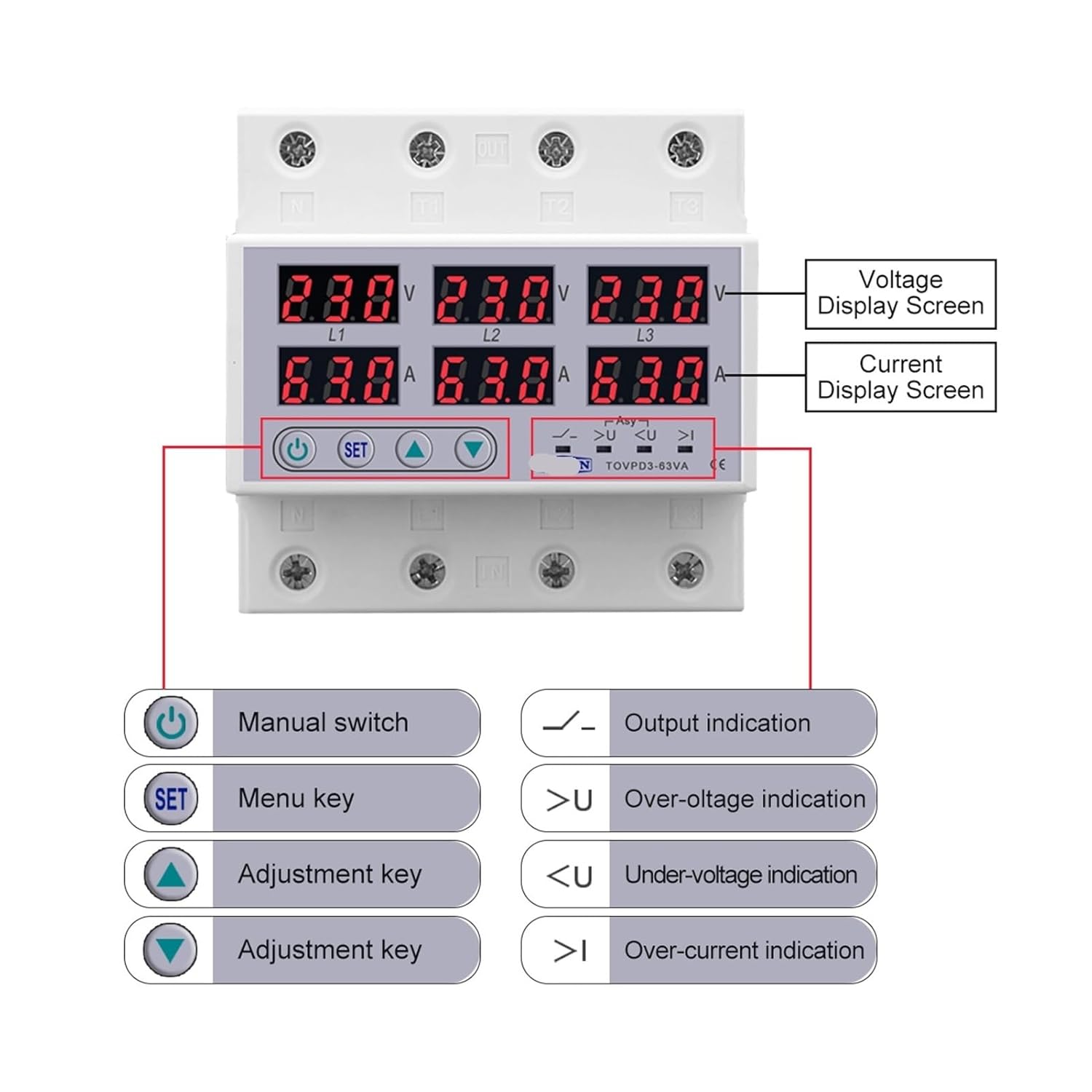 Diagram of TOMZN TOVPD3-63VA with labeled components