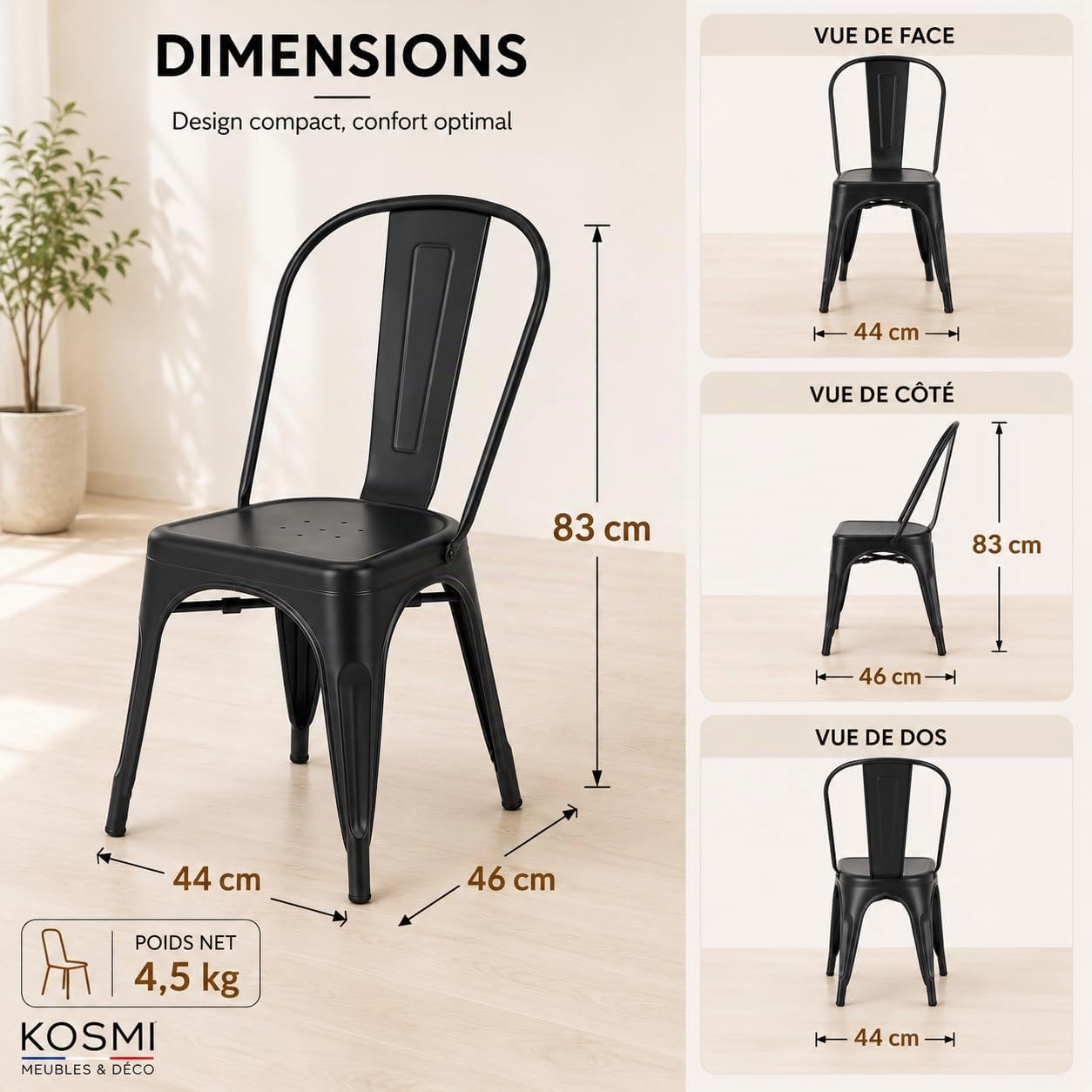 Kosmi Lot de 4 Chaises Industrielles Métal Noir Mat – Chaises de Salle à Manger Empilables – Style Loft Vintage – Cuisine, Salon, Bureau, Restaurant – Structure Acier Robuste