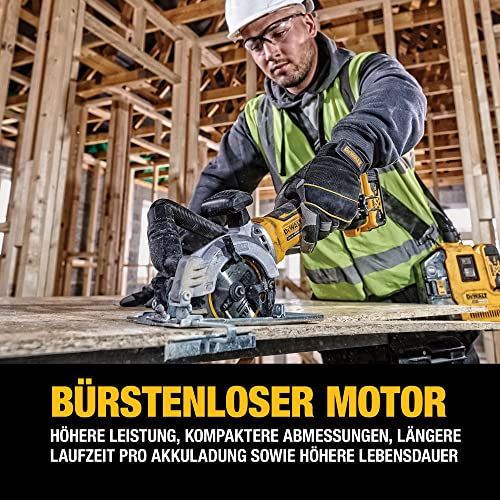 Dewalt 18V Akku- Handkreissäge DCS571NT (bürstenlos, 38mm max. Schnitttiefe, spezielle Bauweise für Einhand-Betrieb, inkl. HM-Sägeblatt, Parallelanschlag, Absaugadpater, Sparrenhaken & TSTAK Koffer) – Bild 6