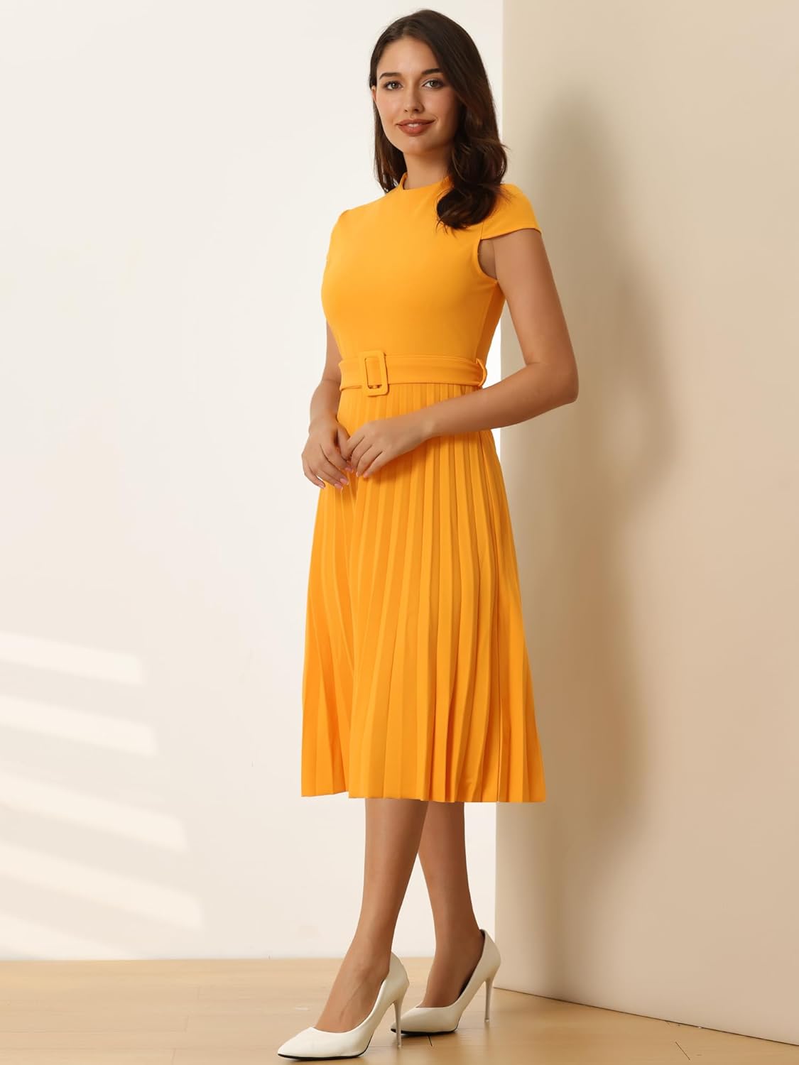 Women's Pleated Dress Mock Neck Cap Sleeve Belted A-Line Dresses - Image 3