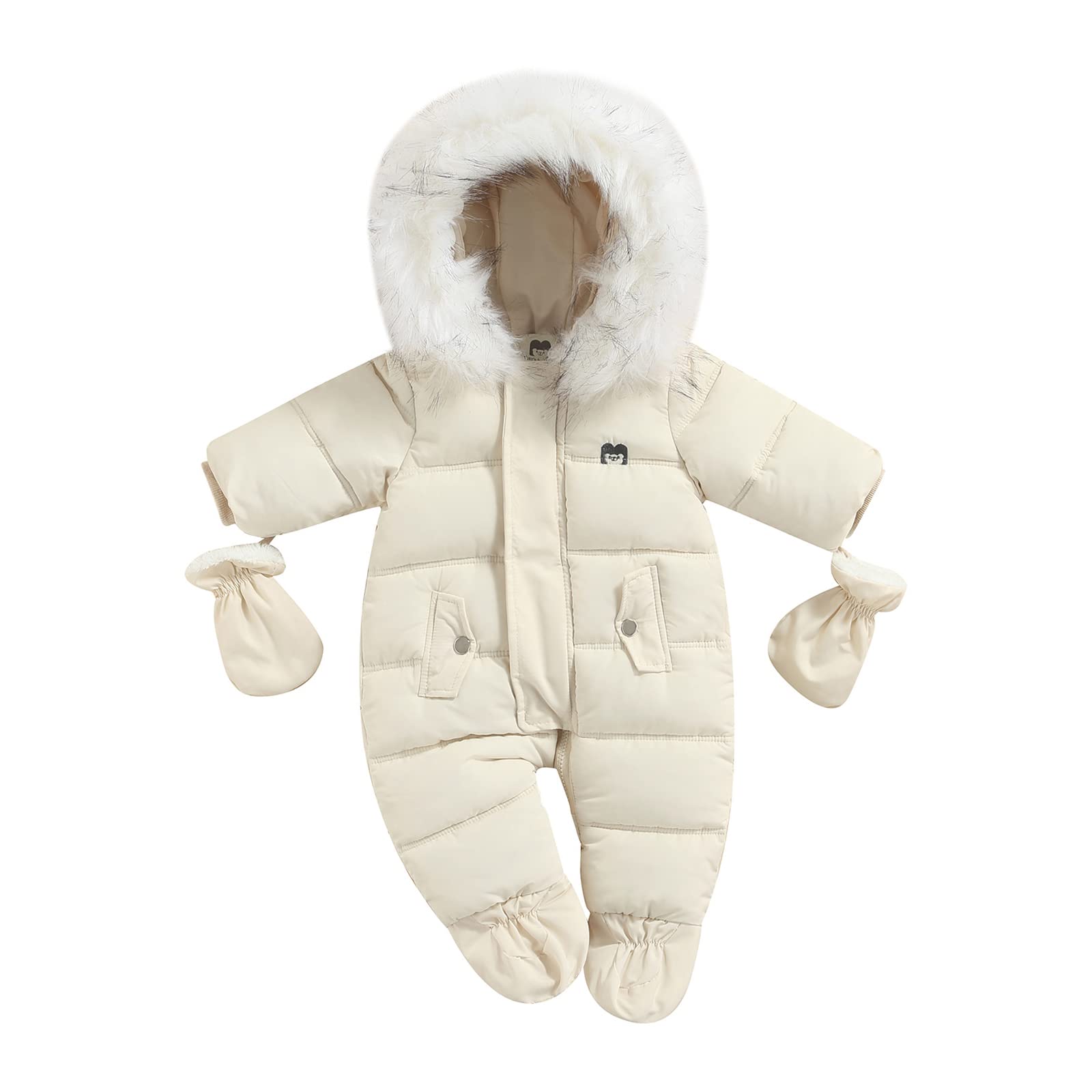 Geagodelia Combinaisons à Glissière pour Enfants avec Gants, Combinaison à Capuche Hiver Barboteuse en Peluche de Couleur Unie avec Poches