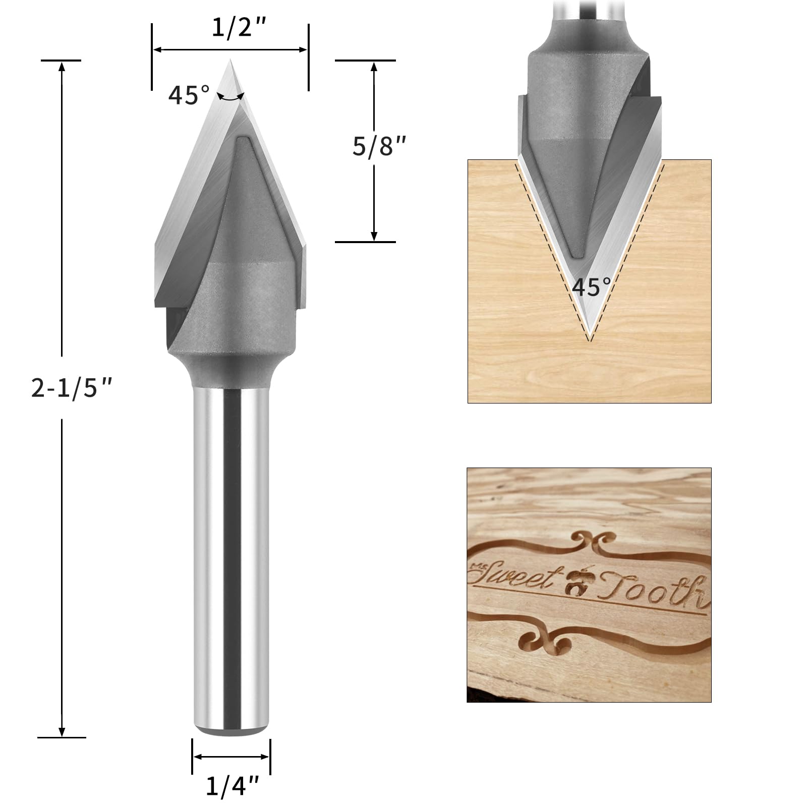 45 Degree V Groove Router Bit - 1/2 Inch Carbide -2