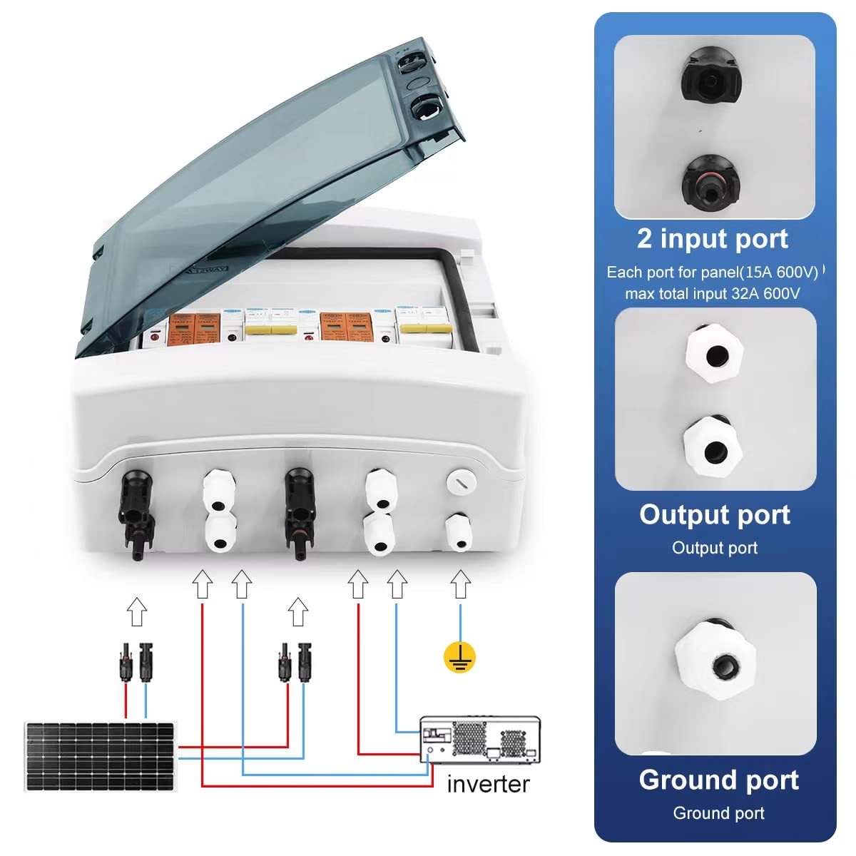 Interruttori Automatici Scatola PV 12 Vie CC 600V IP65, 2 in/2 out, Protezione fulmini e Completa Interruttori Automatici(32A DC MCB)