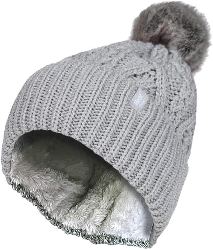 HEAT HOLDERS - Womens Ribbed Cuffed Pom Pom Bobble Beanie Hat with Fleece Lining