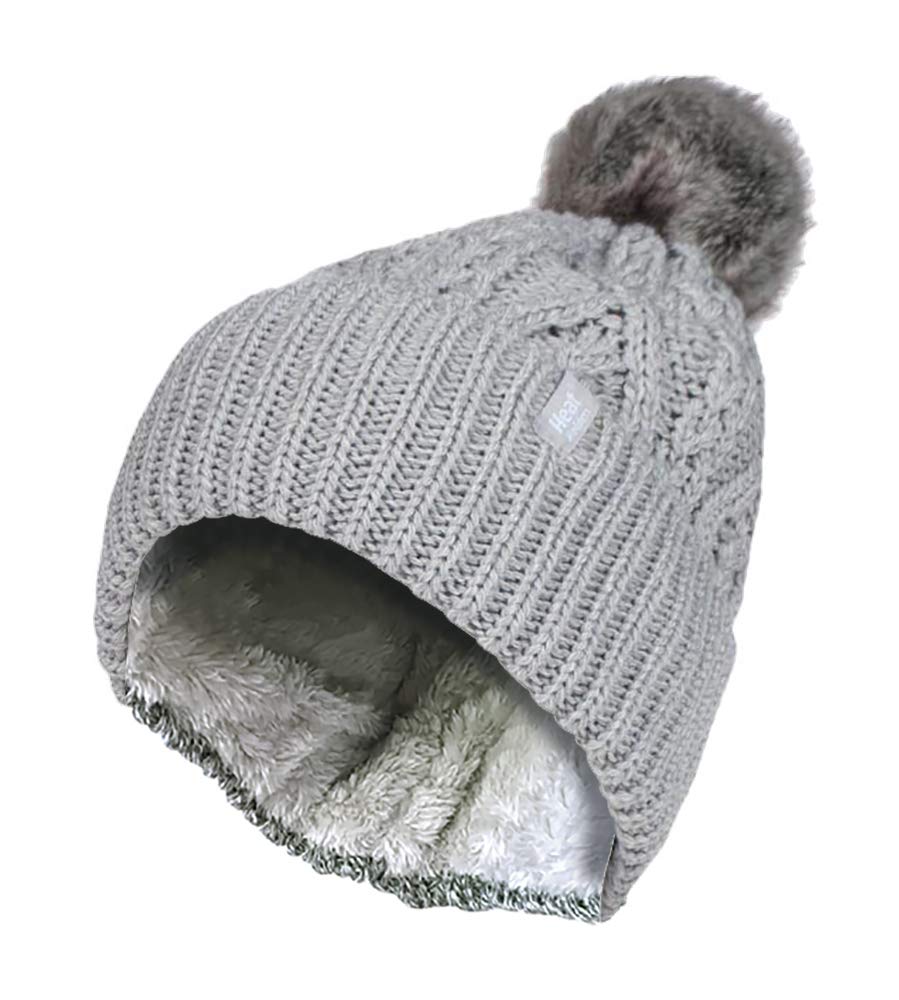 Heat Holders Women's Light Grey (Solna) - Chunky Ribbed Cuffed Thermal Winter Pom Pom Bobble Beanie Hat With Fleece Lining (One Size, )