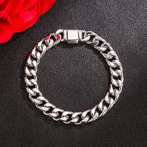 H&Beautimer Fashion 925 Sterling Silver Classic Cuban Chain Bracelet 10Mm-7 "8" 9 "10" Curb Cuban Bracelet Solid Thick Large Link Bracelet For Men & Boys Jewelry Gift (Smooth Style, 8 Inches) #TOP3