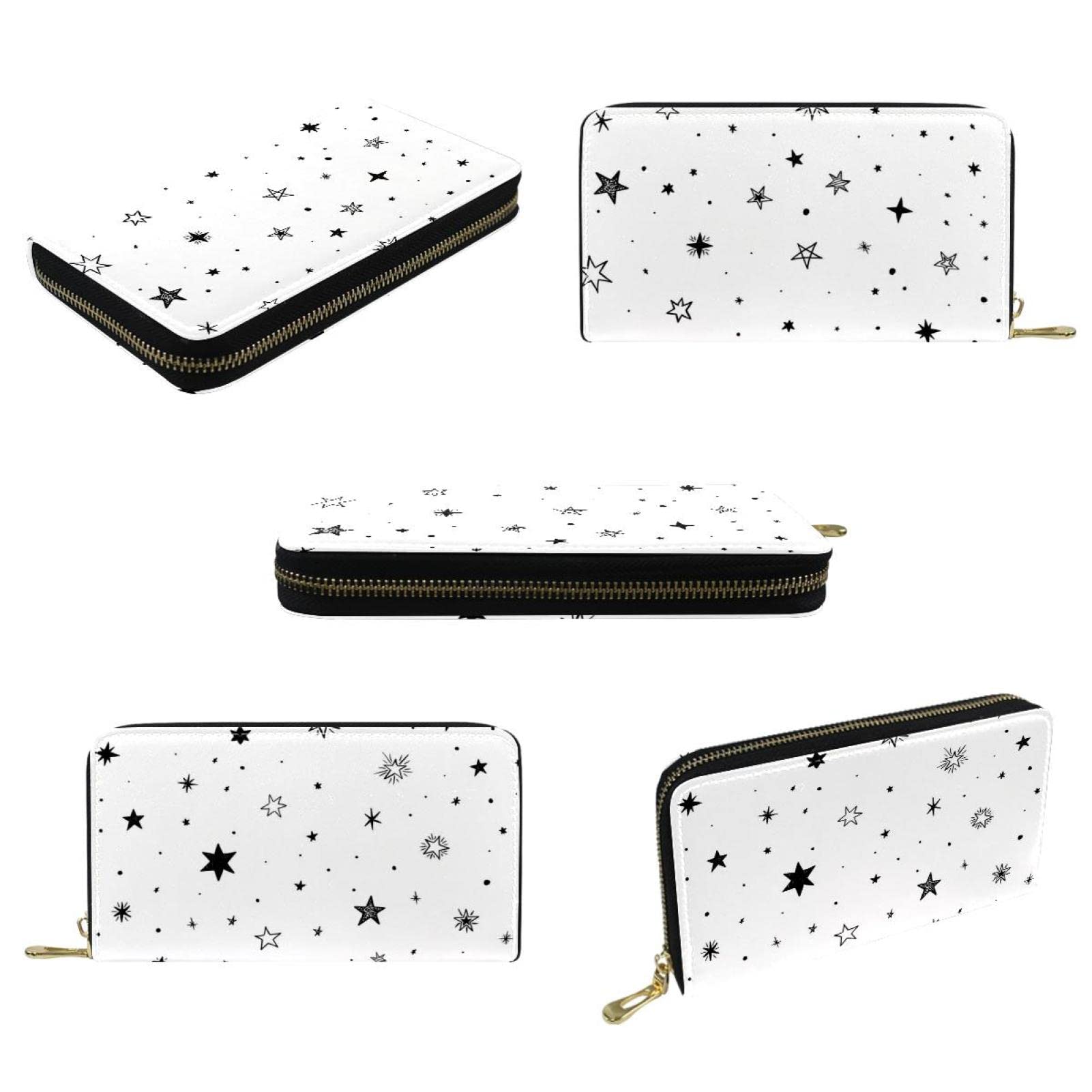 Cartera de piel con cremallera y fondo blanco con estrellas negras, Varios colores, 20.5x2.5x11.5cm/8.07x1x4.53 in, Classic